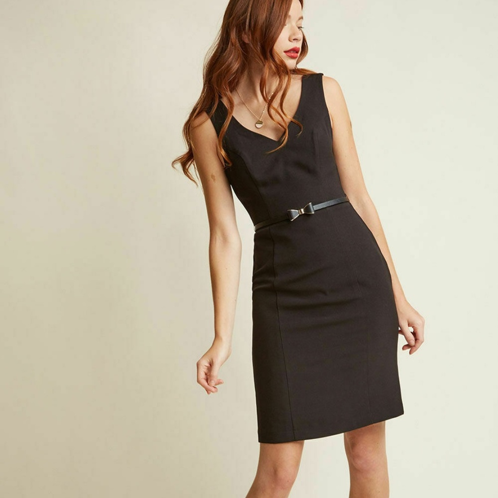 ModCloth Black Belted V-Neck Sheath Dress